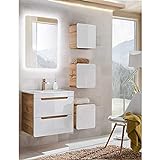 Lomadox Badezimmermöbel Set Hochglanz weiß mit Wotaneiche, Waschtisch mit 60cm Unterschrank & LED-Spiegel,…
