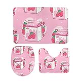 Kuizee Badteppich Set 3 Stück Karton Erdbeere Milch Kawaii Anime Cartoon Rosa Batroom Teppiche rutschfeste…