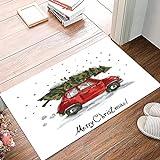 Badematte 50x80cm, Rutschfeste Badteppich, Weihnachten, rote Retro Art-Auto-Weihnachtsbaum-Weinlese-Familien-Art-Illustra,Mikrofaser…