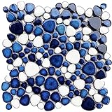 Primoon Ineinandergreifende Kieselstein-Fliesen, 5 Blatt, blaue und weiße Mosaik-Fliesen, Mesh-Montage,…